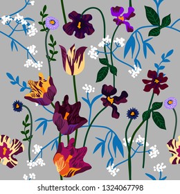 Dark moody floral composition. Seamless vector pattern with purple tulips, violas, pansies and wildflowers. Spring textile collection. On light grey background.