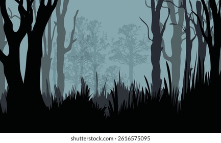 Dark, moody forest scene with bare trees and dense grass. Ideal for fantasy themes, Halloween backgrounds, or storytelling visuals.