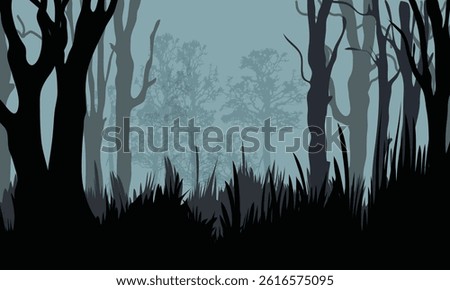 Dark, moody forest scene with bare trees and dense grass. Ideal for fantasy themes, Halloween backgrounds, or storytelling visuals.