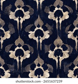 Padrão gótico escuro e temperamental com flores brancas, uma textura de veludo azul escuro. padrão ikat de linhas grunge, padrão sem emenda ikat, fundo de ilustração de vetor para imprimir o papel.