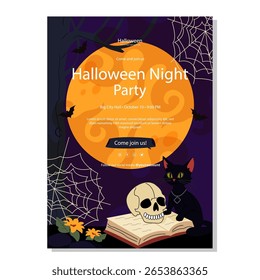 Um panfleto de festa de Halloween escuro e temperamental com um gato preto, crânio, livro, morcegos e uma grande lua laranja. Possui uma faixa "Free Entry" e detalhes do evento para 31 de outubro às 20h.