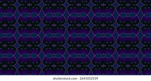 Dark moody seamless pattern with purple gradient, abstract symmetrical motifs, and elegant floral details for textile, wallpaper, or modern interior design.
