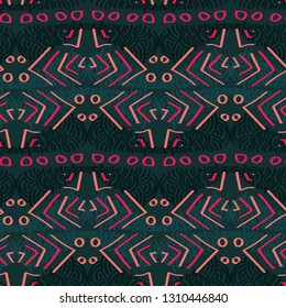An dark moody tribal seamless repeat vector pattern in dark turquoise, red, and coral.