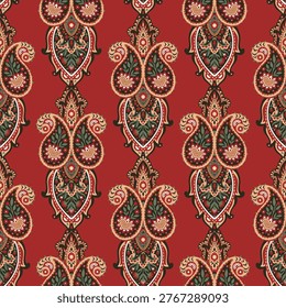 Dark moody vector graphic for upholstery fabric home textiles wallcoverings and decor featuring red green and beige tones.