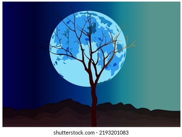 Dark moon with dead tree middle vector illustrations design element art paint watercolour vector
