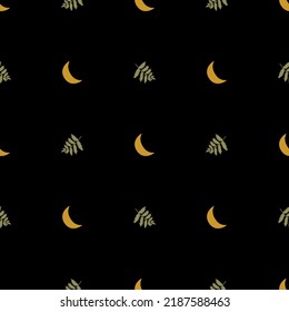 Dark moon pattern. Cute crescent and green leaves black seamless background. Halloween print. night garden vector illustration. Celestial floral pattern. Repeated fabric, textile, wallpaper, card.