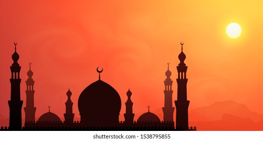 Dark mosque silhouette on hot sun orange sky background, vector banner and poster illustration