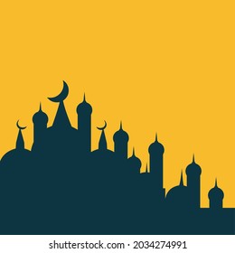Dark mosque silhouette with yellow background, vector banner illustration