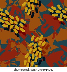 patrón ininterrumpido oscuro con efecto 3d. grupos de formas abstractas de la yvette de mostaza con bordes mordaces sobre un fondo azul turbio-burdeos. vector
