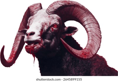 Dark mountain sheep, horror figure with blood, halftone