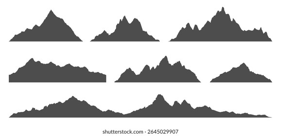 Dark mountain silhouette set on white background for outdoor adventure and nature concept. Simple graphic element for design.