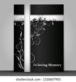 Dark mourning card with 3d floral ornament effect isolated on grey background
