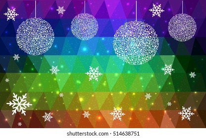 Dark Multicolor christmas postcard low polygon background. Vector illustration consisting of triangles. Abstract triangular polygonal origami or crystal design of New Year celebration.
