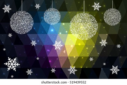 Dark multicolor christmas postcard low polygon background. Vector illustration consisting of triangles. Abstract triangular polygonal origami or crystal design of New Year celebration.