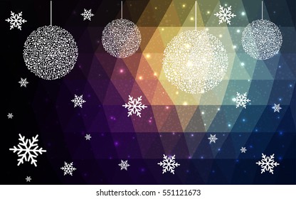 Dark Multicolor christmas postcard low polygon background. Vector illustration consisting of triangles. Abstract triangular polygonal origami or crystal design of New Year celebration.