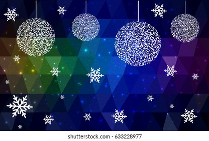Dark Multicolor christmas postcard low polygon background. Vector illustration consisting of triangles. Abstract triangular polygonal origami or crystal design of New Year celebration.