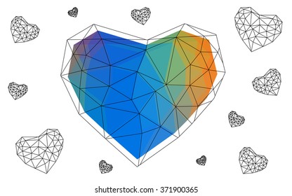 Dark Multicolor heart isolated on white background. Geometric rumpled triangular low poly origami style gradient graphic illustration. Vector polygonal design for your business.