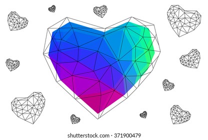 Dark Multicolor heart isolated on white background. Geometric rumpled triangular low poly origami style gradient graphic illustration. Vector polygonal design for your business.