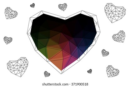 Dark Multicolor heart isolated on white background. Geometric rumpled triangular low poly origami style gradient graphic illustration. Vector polygonal design for your business.