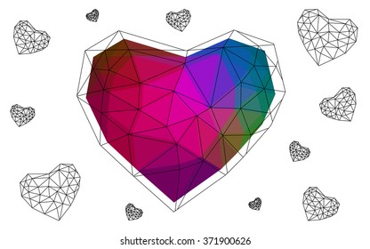 Dark Multicolor heart isolated on white background. Geometric rumpled triangular low poly origami style gradient graphic illustration. Vector polygonal design for your business.