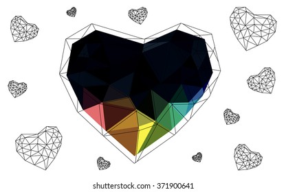 Dark Multicolor heart isolated on white background. Geometric rumpled triangular low poly origami style gradient graphic illustration. Vector polygonal design for your business.