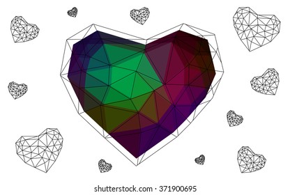 Dark Multicolor heart isolated on white background. Geometric rumpled triangular low poly origami style gradient graphic illustration. Vector polygonal design for your business.