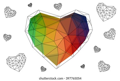 Dark Multicolor heart isolated on white background. Geometric rumpled triangular low poly origami style gradient graphic illustration. Vector polygonal design for your business.