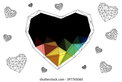 Dark Multicolor heart isolated on white background. Geometric rumpled triangular low poly origami style gradient graphic illustration. Vector polygonal design for your business.