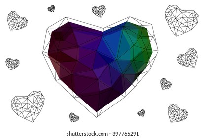 Dark Multicolor heart isolated on white background. Geometric rumpled triangular low poly origami style gradient graphic illustration. Vector polygonal design for your business.