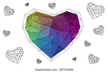 Dark Multicolor heart isolated on white background. Geometric rumpled triangular low poly origami style gradient graphic illustration. Vector polygonal design for your business.