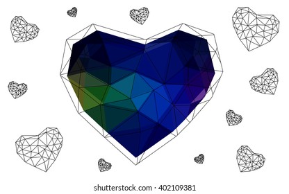 Dark Multicolor heart isolated on white background. Geometric rumpled triangular low poly origami style gradient graphic illustration. Vector polygonal design for your business.