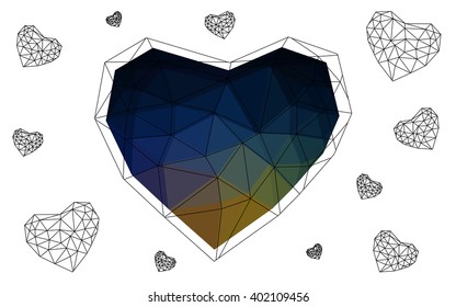 Dark Multicolor heart isolated on white background. Geometric rumpled triangular low poly origami style gradient graphic illustration. Vector polygonal design for your business.