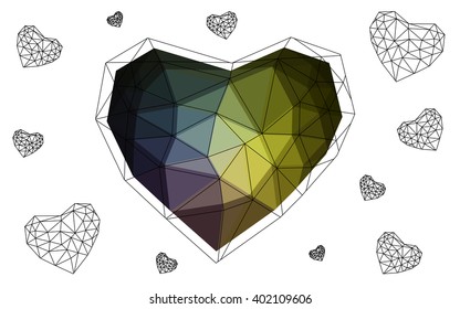 Dark Multicolor heart isolated on white background. Geometric rumpled triangular low poly origami style gradient graphic illustration. Vector polygonal design for your business.