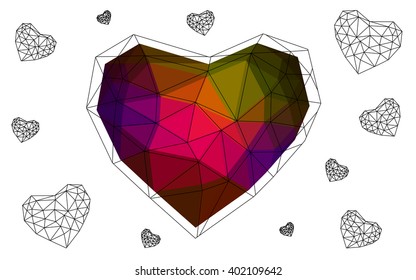 Dark Multicolor heart isolated on white background. Geometric rumpled triangular low poly origami style gradient graphic illustration. Vector polygonal design for your business.