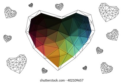 Dark Multicolor heart isolated on white background. Geometric rumpled triangular low poly origami style gradient graphic illustration. Vector polygonal design for your business.