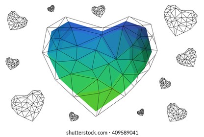 Dark Multicolor heart isolated on white background. Geometric rumpled triangular low poly origami style gradient graphic illustration. Vector polygonal design for your business.