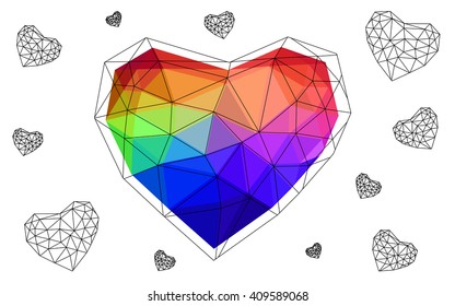 Dark Multicolor heart isolated on white background. Geometric rumpled triangular low poly origami style gradient graphic illustration. Vector polygonal design for your business.
