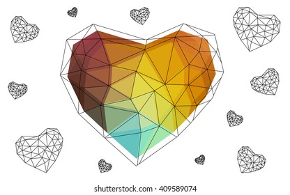 Dark Multicolor heart isolated on white background. Geometric rumpled triangular low poly origami style gradient graphic illustration. Vector polygonal design for your business.