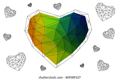 Dark Multicolor heart isolated on white background. Geometric rumpled triangular low poly origami style gradient graphic illustration. Vector polygonal design for your business.