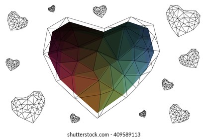 Dark Multicolor heart isolated on white background. Geometric rumpled triangular low poly origami style gradient graphic illustration. Vector polygonal design for your business.