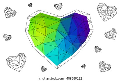 Dark Multicolor heart isolated on white background. Geometric rumpled triangular low poly origami style gradient graphic illustration. Vector polygonal design for your business.