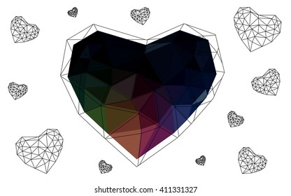 Dark Multicolor heart isolated on white background. Geometric rumpled triangular low poly origami style gradient graphic illustration. Vector polygonal design for your business.