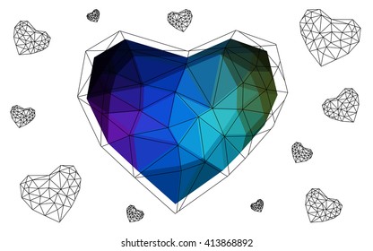 Dark Multicolor heart isolated on white background. Geometric rumpled triangular low poly origami style gradient graphic illustration. Vector polygonal design for your business.