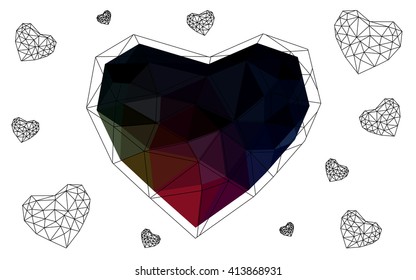Dark Multicolor heart isolated on white background. Geometric rumpled triangular low poly origami style gradient graphic illustration. Vector polygonal design for your business.