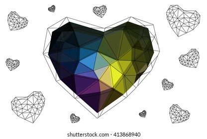 Dark Multicolor heart isolated on white background. Geometric rumpled triangular low poly origami style gradient graphic illustration. Vector polygonal design for your business.