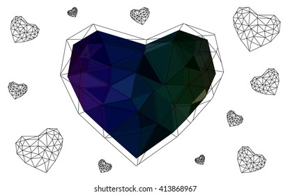 Dark Multicolor heart isolated on white background. Geometric rumpled triangular low poly origami style gradient graphic illustration. Vector polygonal design for your business.