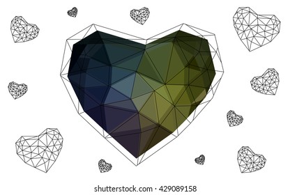 Dark Multicolor heart isolated on white background. Geometric rumpled triangular low poly origami style gradient graphic illustration. Vector polygonal design for your business.
