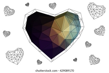 Dark Multicolor heart isolated on white background. Geometric rumpled triangular low poly origami style gradient graphic illustration. Vector polygonal design for your business.