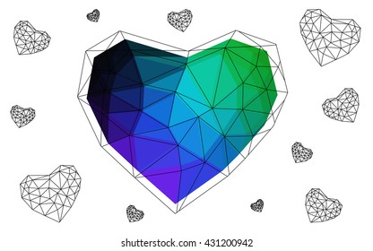 Dark Multicolor heart isolated on white background. Geometric rumpled triangular low poly origami style gradient graphic illustration. Vector polygonal design for your business.