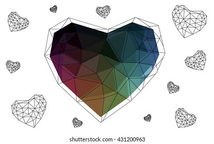 Dark Multicolor heart isolated on white background. Geometric rumpled triangular low poly origami style gradient graphic illustration. Vector polygonal design for your business.